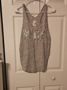PINK Victoria's Secret Heather Gray Sequin Logo Racerback Tank Size S